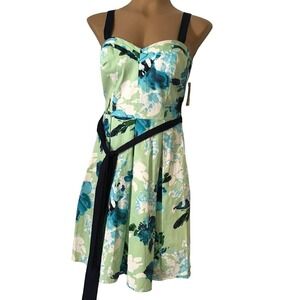 Dressbarn Green Blue White Watercolor Floral A-line Sun Dress Size 4